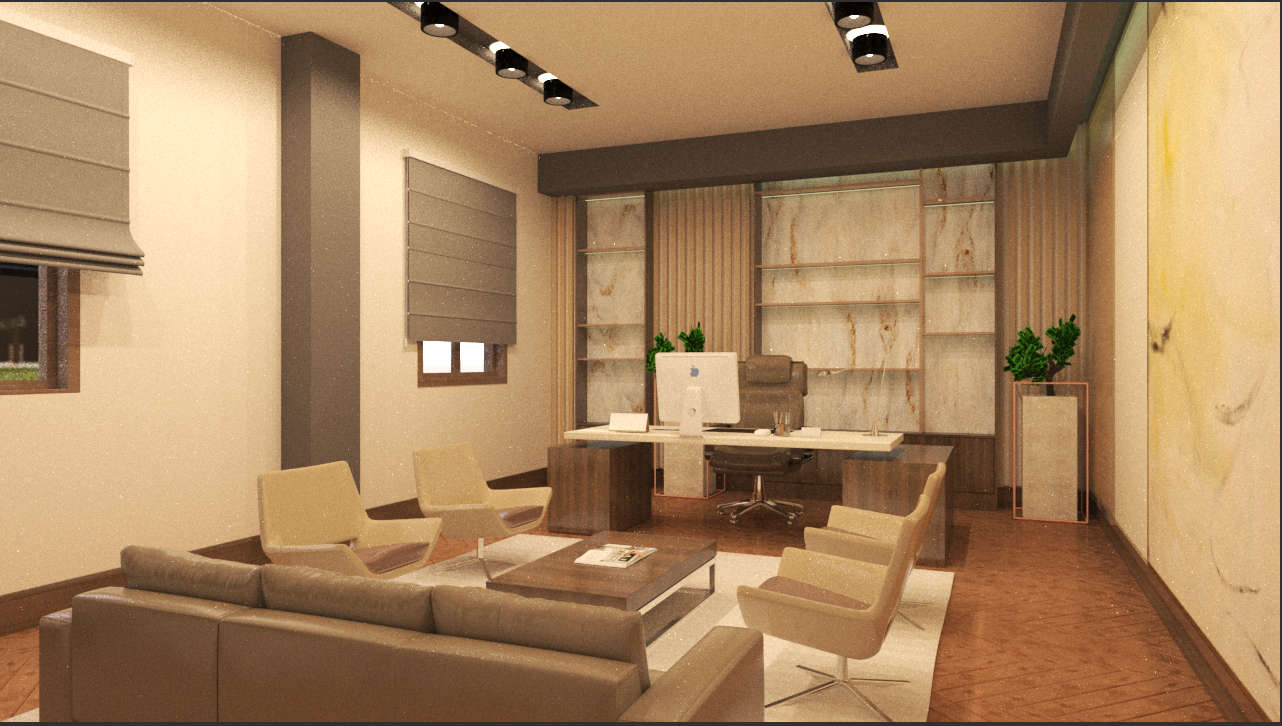 A cozy and stylish living room with bright blue and white traditional Greek island architecture visible through large windows. The interior features a modern orange and white sofa, elegant gold floor lamps, a wooden coffee table, and a bookshelf filled with books. Blue accents and Mediterranean elements create a warm, inviting atmosphere. This image was generated using ArchiVinci AI.
