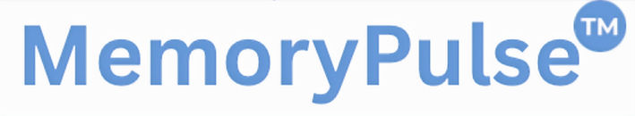 MemoryPulse™ wordmark logo in soft blue, representing the brand’s identity for dementia safety wearables.