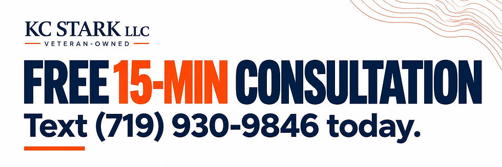 White KC Stark LLC veteran-owned ad offering free 15-min consultation; text (719) 930-9846 today, navy and orange.