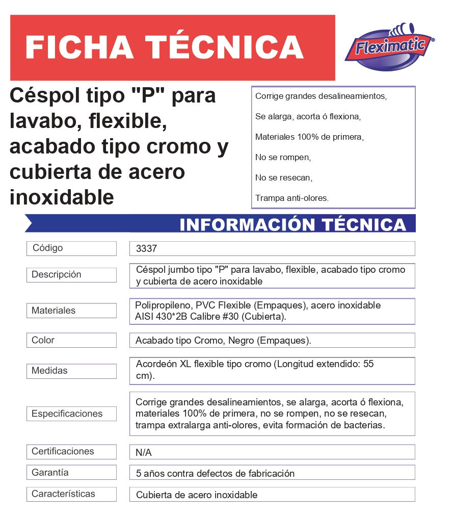Miniatura: Céspol Flexible Tipo "P" cromado y cubierta de acero inoxidable 3337A Fleximatic