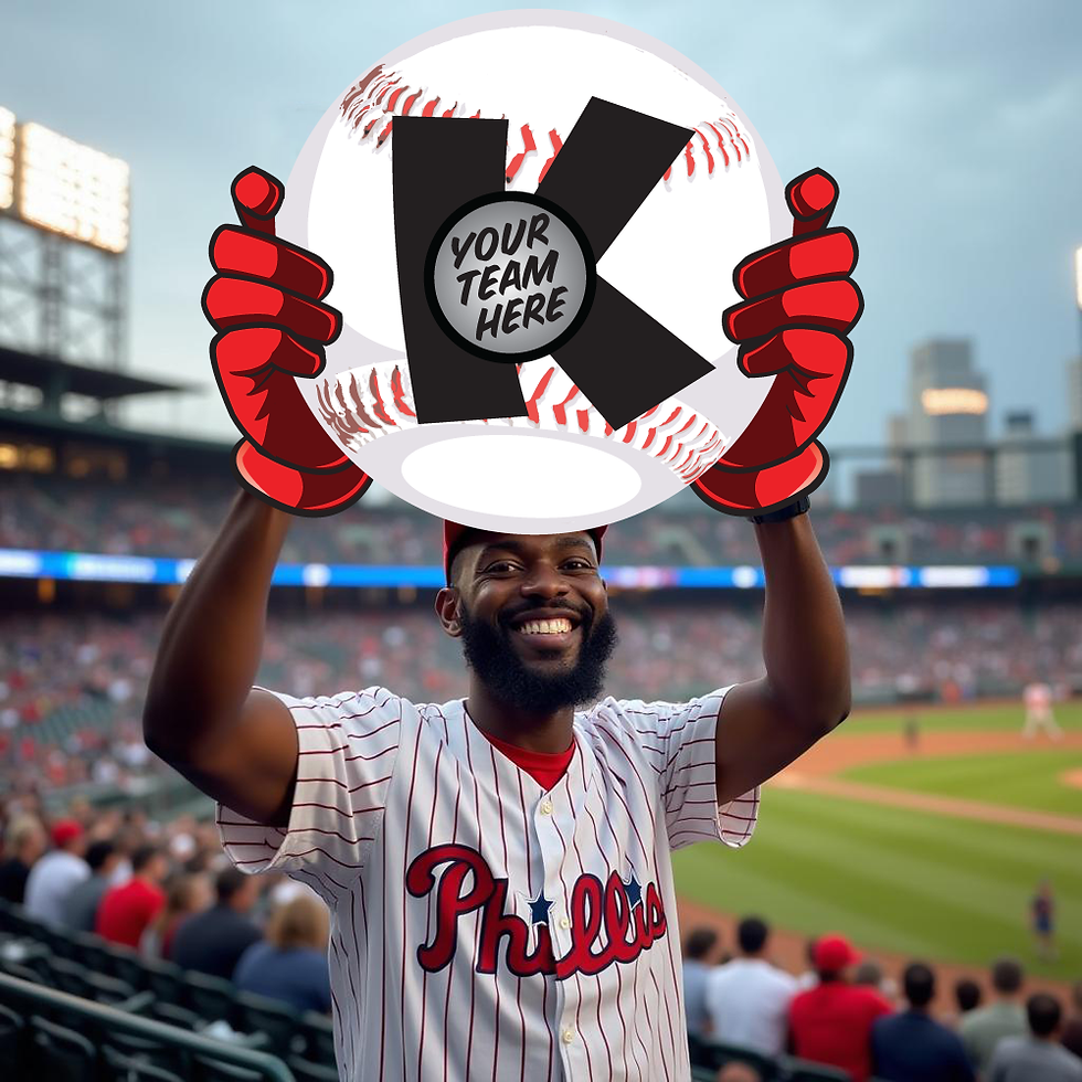 Fan posing with Strikeout “K” Baseball (2-Hander) [Custom] prop