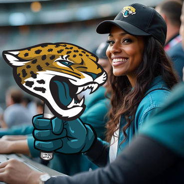 Confident fan boldly posing with her Custom Jacksonville Jaguars Logo prop