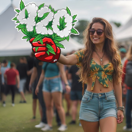 Woman posing with a bouquet of marijuana flowers and smoke forming "420"