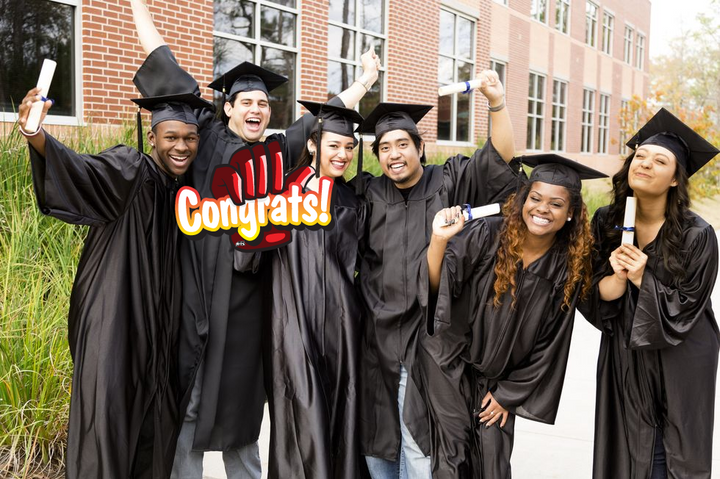 Group of graduates pose with congrats hand prop