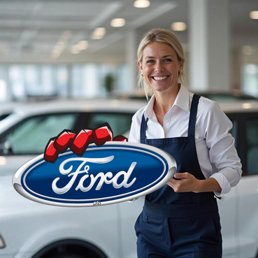 Saleswoman holds up Ford logo prop in showroom
