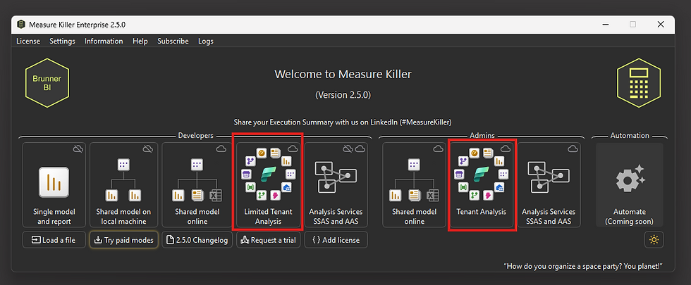 Measure Killer v2.5 user interface with Tenant Analysis modes highlighted