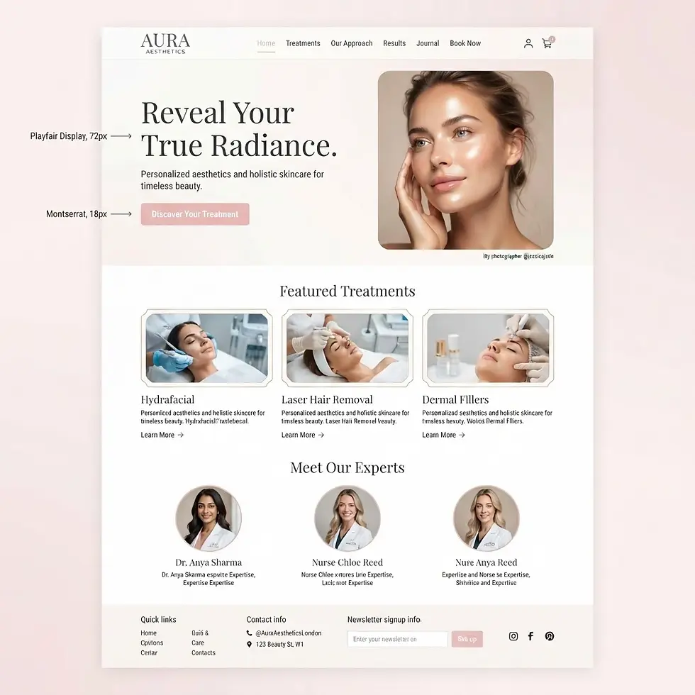 Website design for a beauty clinic. Features a radiant woman and services for aesthetic treatments and wellness.