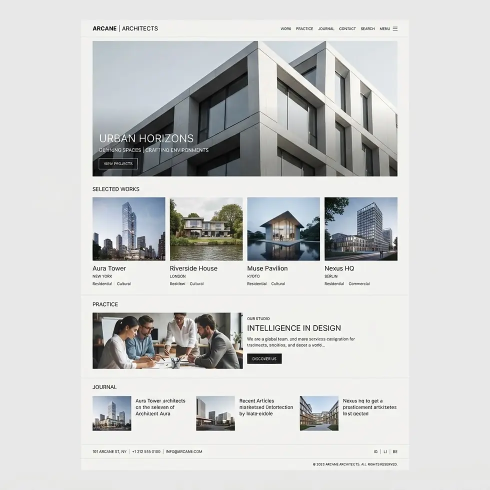 Digital website design showcasing an architecture firm's portfolio and services. Features modern building imagery and organized project sections.