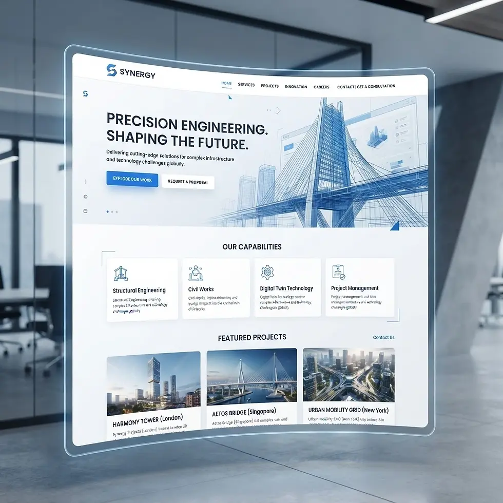 3D render of a modern website interface for precision engineering services. The screen floats in a blurred office, displaying innovation and future-focused projects.
