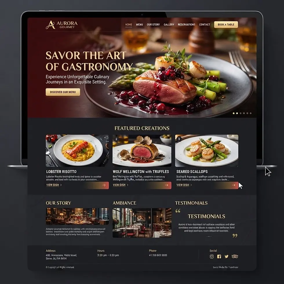 Website mockup of an elegant restaurant homepage. It features a headline about savoring gastronomy, gourmet dish highlights, and sections on ambiance and testimonials.