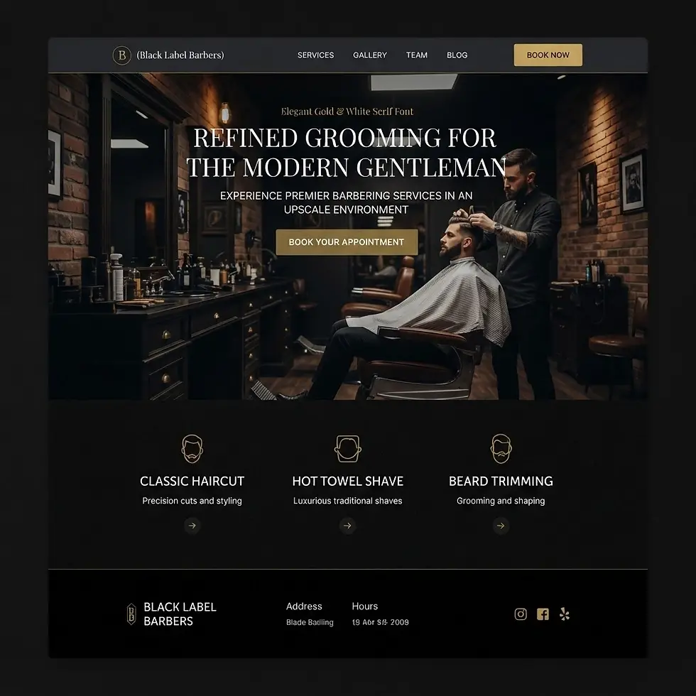 Web design photography of a stylish barbershop interior featuring a barber giving a haircut, emphasizing refined grooming for gentlemen.