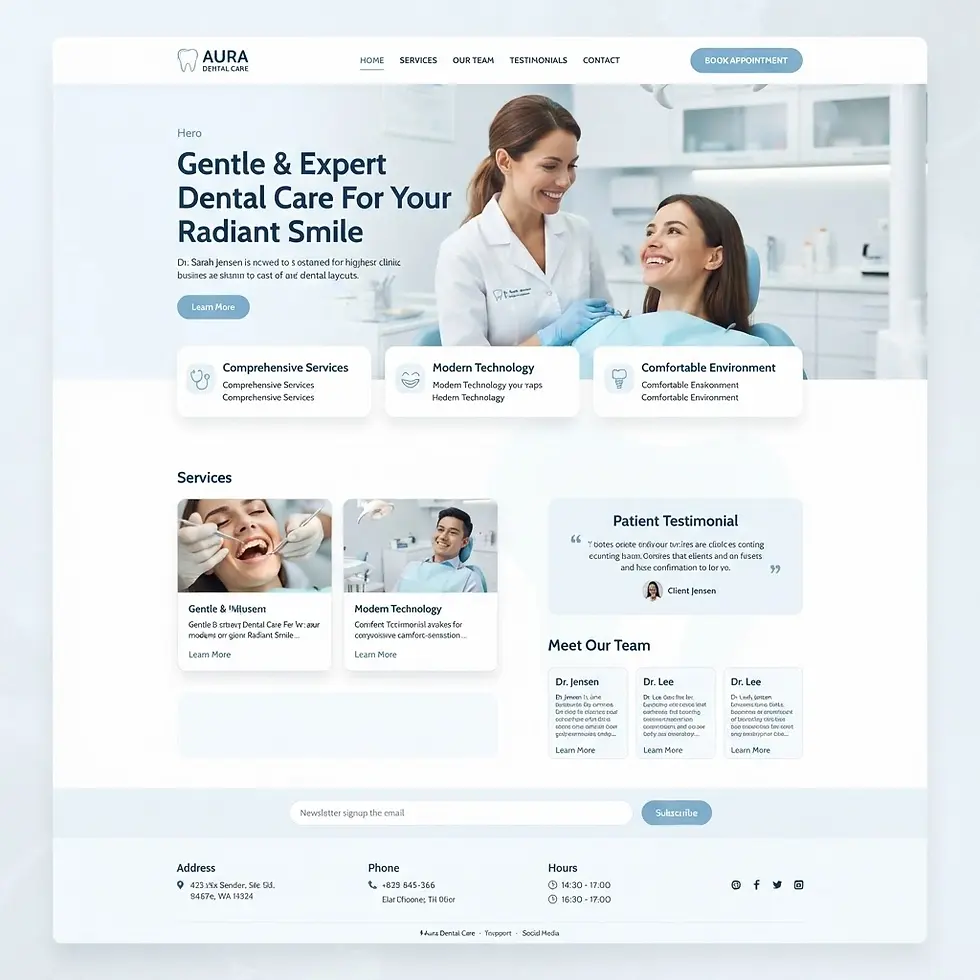 Website design showcasing a dental clinic's gentle and expert approach. The main banner features a smiling dentist interacting warmly with a patient, promoting confidence and care.