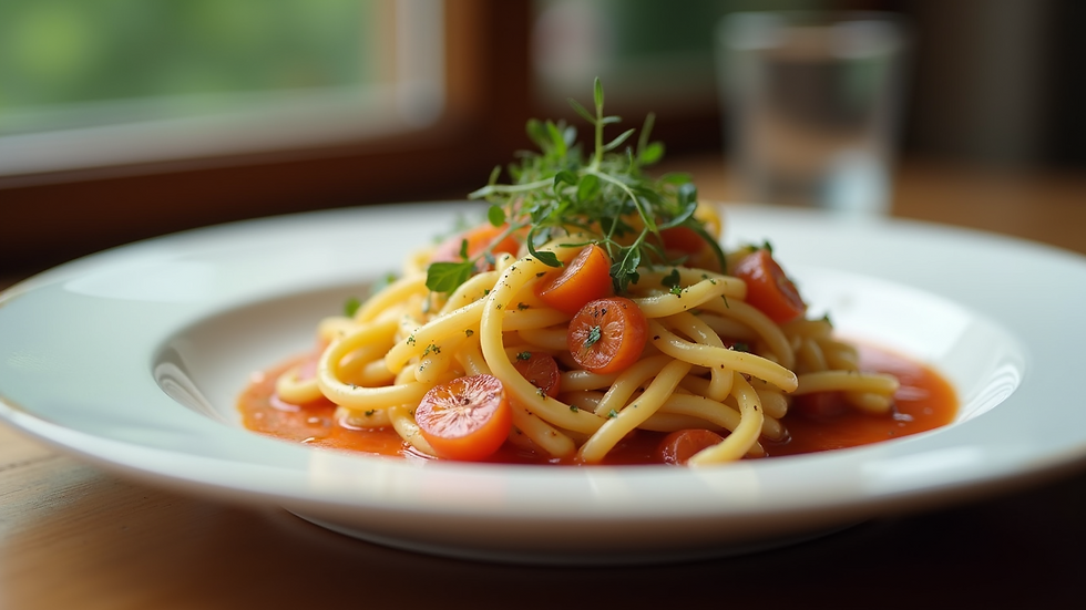Close-up view of a beautifully plated dish with vibrant colors