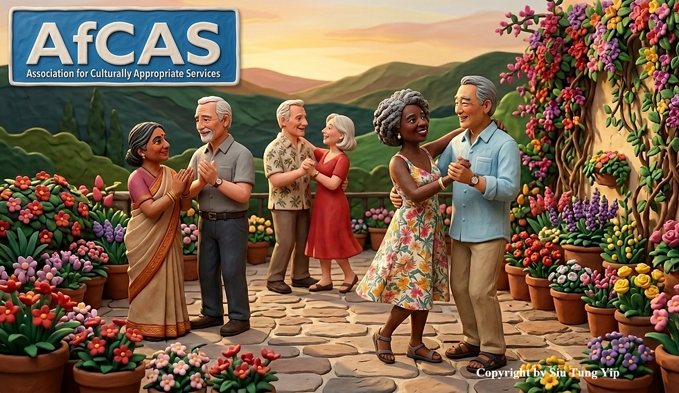 Diverse elderly couples dancing and chatting in a flower-filled terrace garden