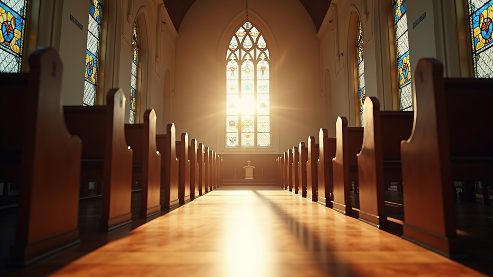 Eye-level view of a peaceful church interior with sunlight streaming through stained glass windows