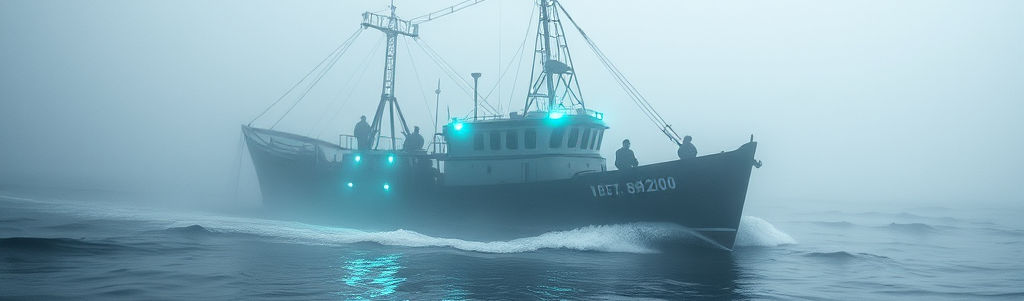commercial fishing boat crew hauling nets at sea, early morning mist, water droplets froze