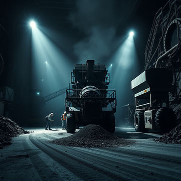 modern mining site with heavy machinery extracting minerals, dramatic lighting, dust parti