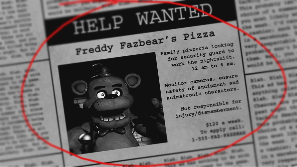 Help Wanted ad for Freddy Fazbears Pizzeria