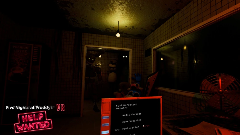 FNaF 3 with Springtrap staring through the door way at the player