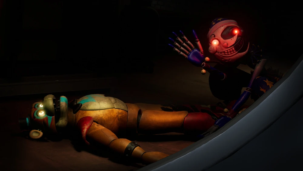 Unconscious Glamrock Freddy being pulled away by Moon