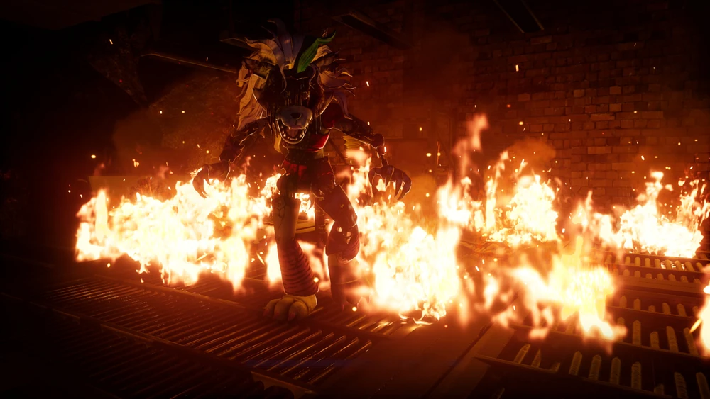 Roxy the Wolf chasing the protagonist through the flames 