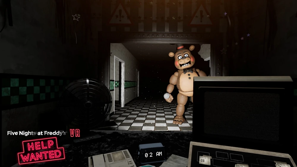Toy Freddy in the middle of the office staring at the player