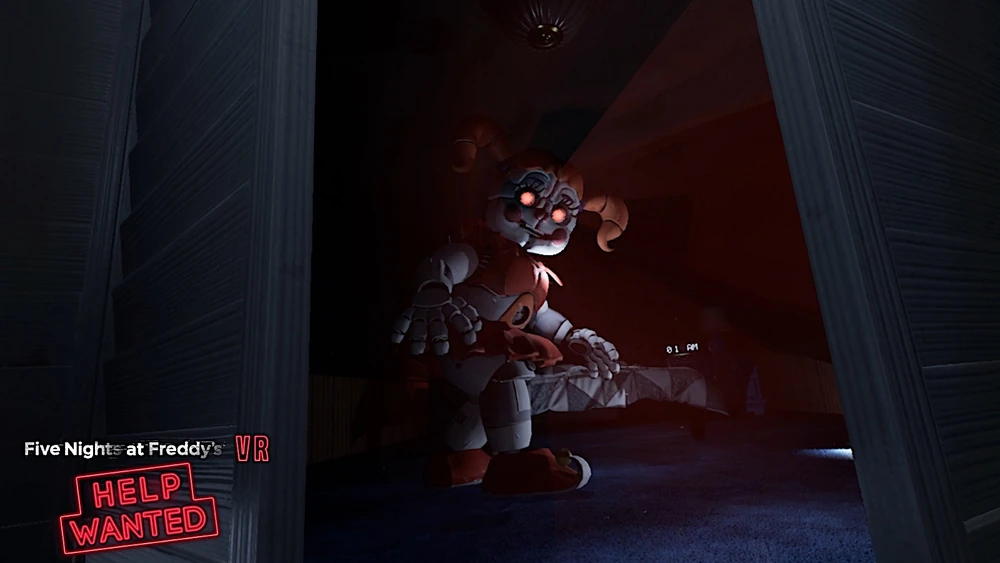 Circus Baby with red eyes staring at the player