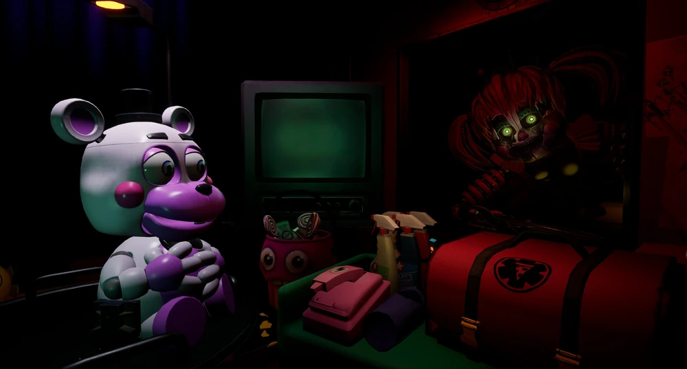 Helpy first aid whilst Scrap Baby is climbing through the vent on the right