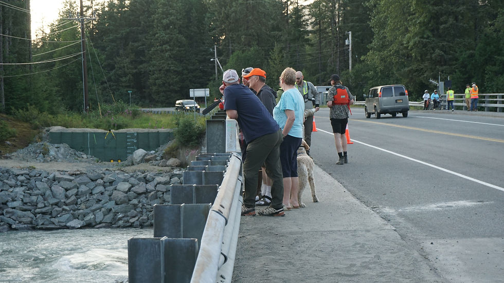 People watch the Mendenhall River from the Back Loop Bridge. (Ellie Ruel / Juneau Independent)
