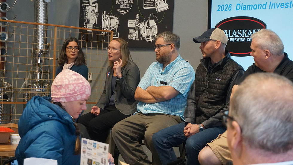 National Weather Service Juneau Warning Coordination Meteorologist Nicole Ferrin (second from far left) provides a forecast update during a snow safety-focused Juneau Chamber of Commerce Luncheon panel at the Alaskan Brewing Tasting Room on Thursday, Jan. 8, 2026. (Ellie Ruel / Juneau Independent)