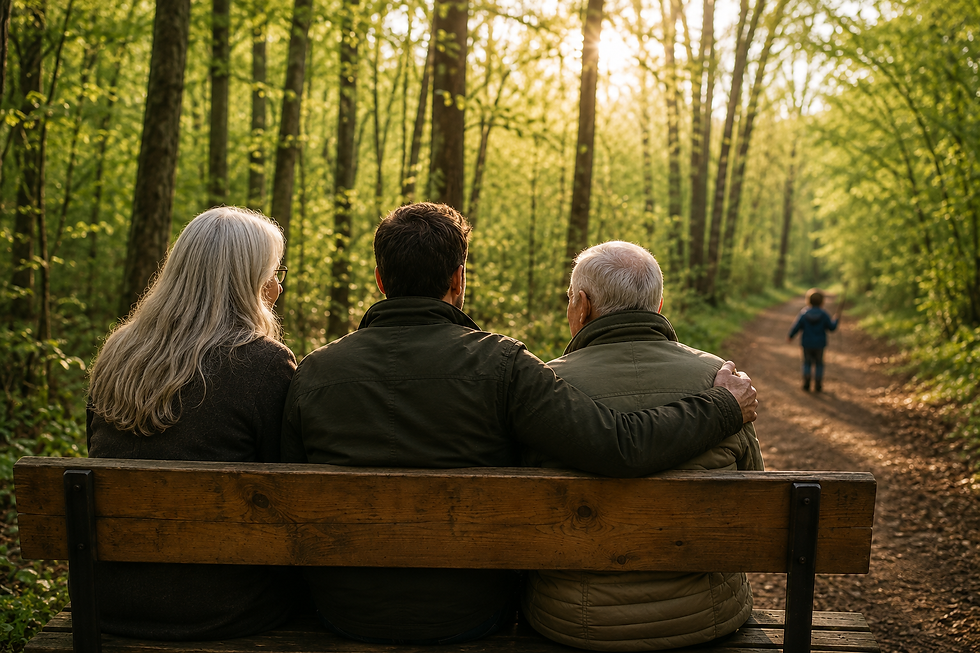 Erwachsener Sohn sitzt mit seinen Eltern auf einer Bank im Wald und beobachtet gemeinsam ein Kind auf einem Waldweg.