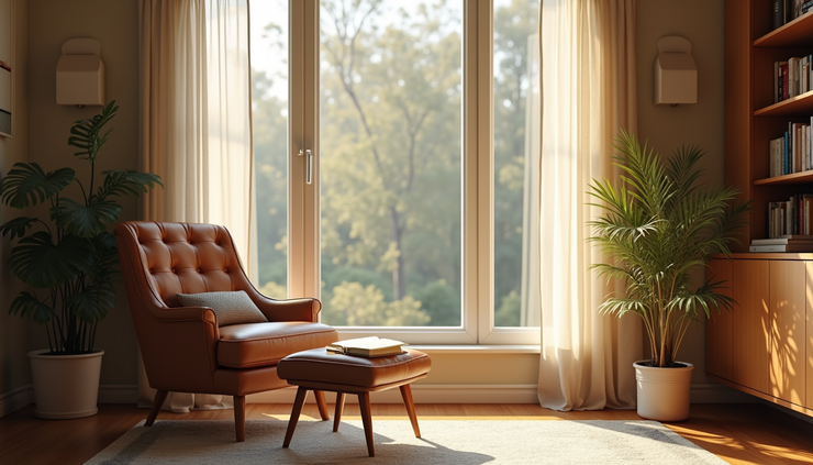 Eye-level view of a cozy reading nook with soft natural light and a comfortable chair
