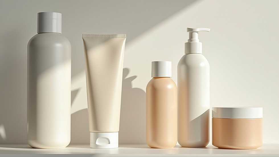 Eye-level view of a minimalist skincare shelf with cleanser, moisturizer, and sunscreen bottles