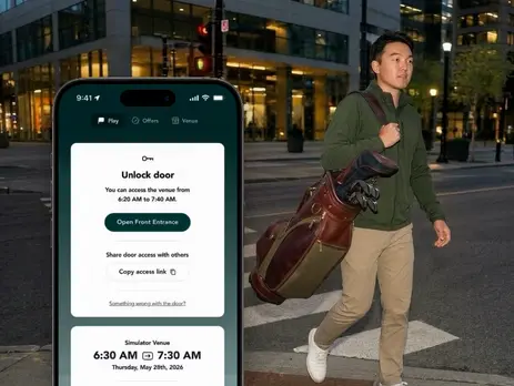 Smartphone showing the Fewll Golf access key screen with an unlock door button, beside a male Korean golfer walking with a golf bag at night.