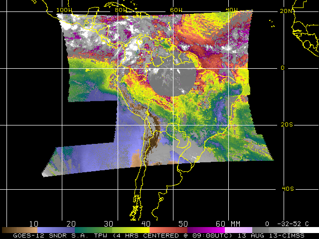 Total Precipitable Water and Cloud Top Pressure, nominal time of 1100 UTC,  August 13, 2013