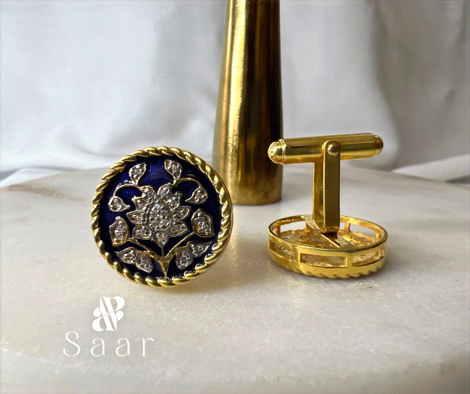 Thumbnail: 92.5 Sterling Silver Cufflinks With White Zircon And Navy Blue Enamel