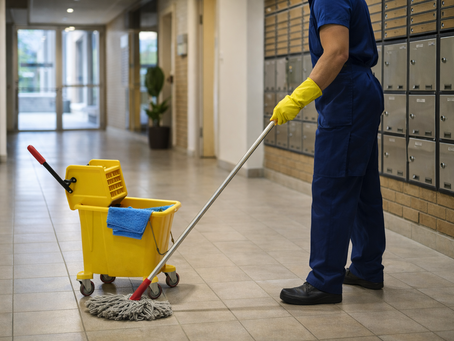 Personal de limpieza fregando el suelo en el portal de una comunidad en Castellón