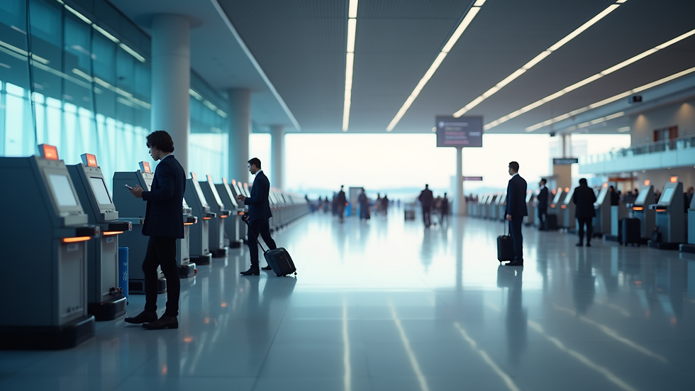 Eye-level view of airport terminal with automated check-in kiosks