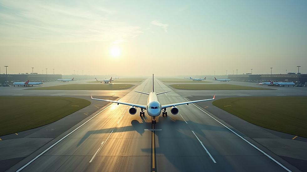 High angle view of airport runway with multiple aircraft