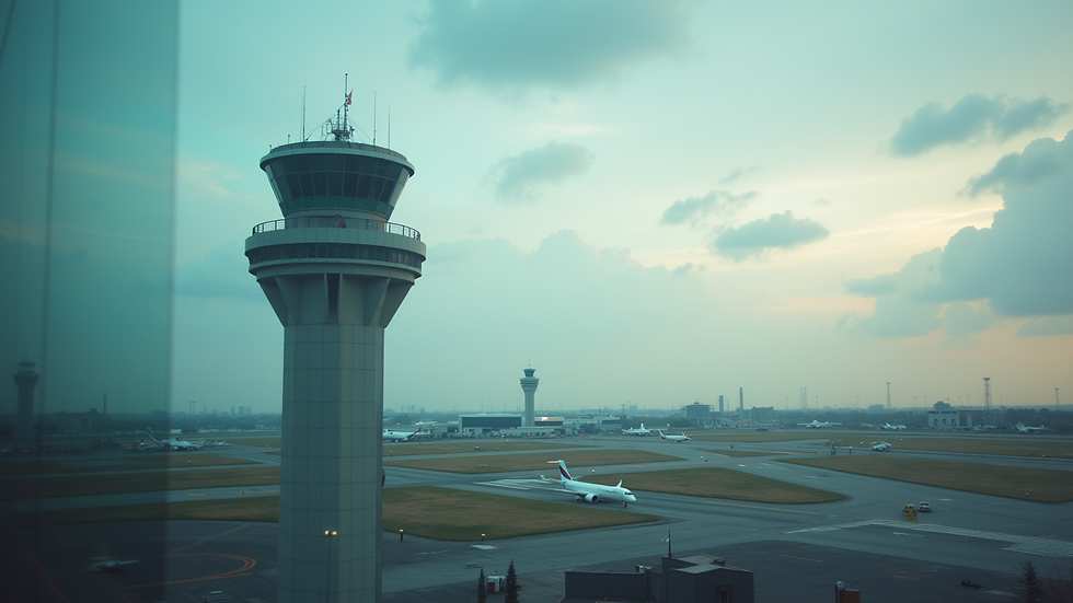 Eye-level view of a control tower overseeing airport operations