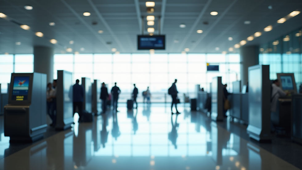 Eye-level view of a modern airport terminal with automated check-in kiosks
