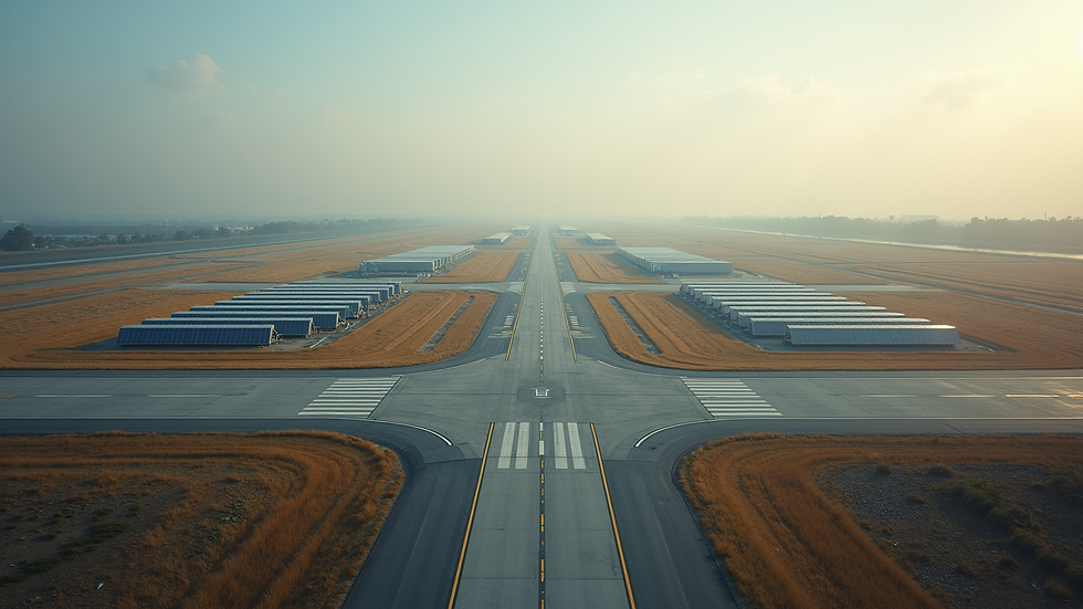High angle view of an airport runway with solar panels installed nearby