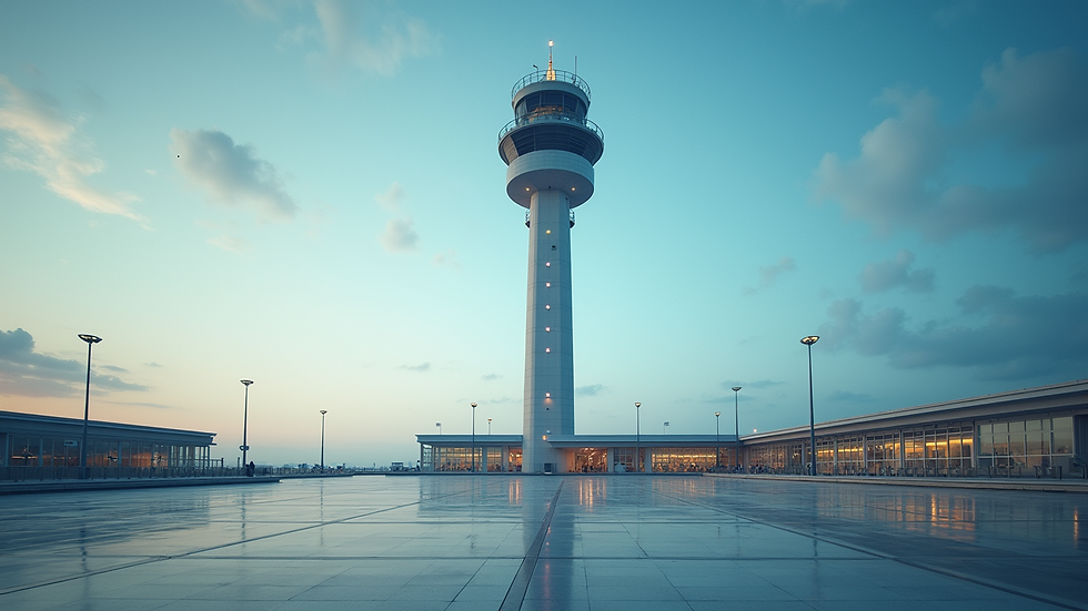 Eye-level view of a modern airport control tower with digital overlays