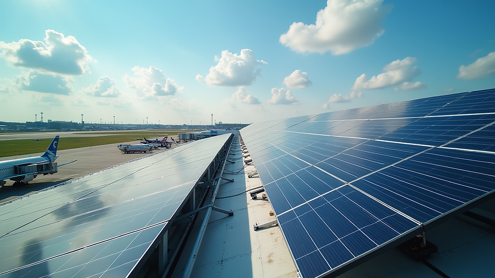High angle view of solar panels installed on airport rooftop