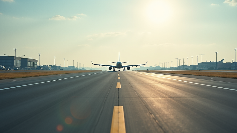 Eye-level view of airport runway with taxiing aircraft