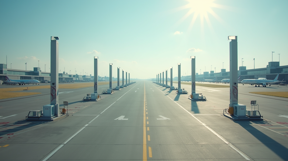 High angle view of an airport runway with electric aircraft charging stations