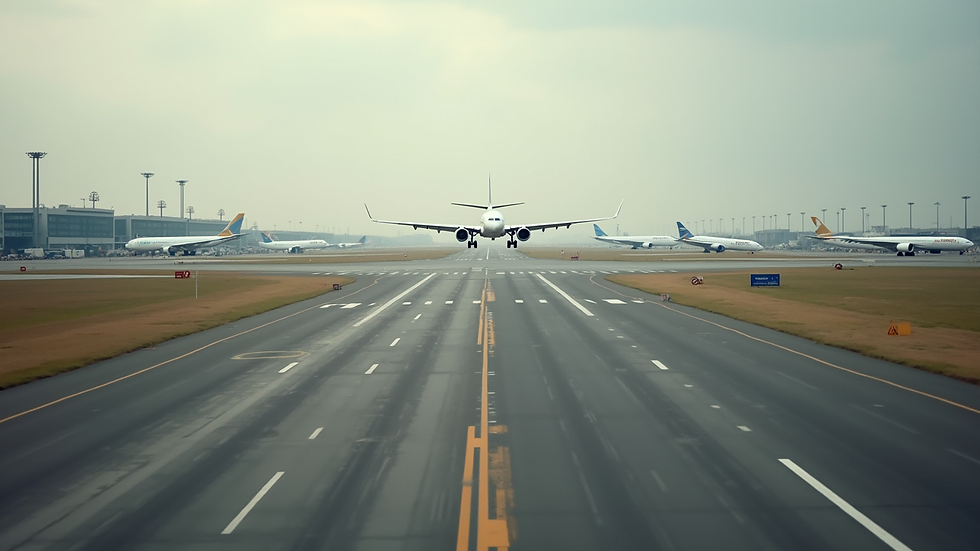 High angle view of an airport runway with multiple aircraft