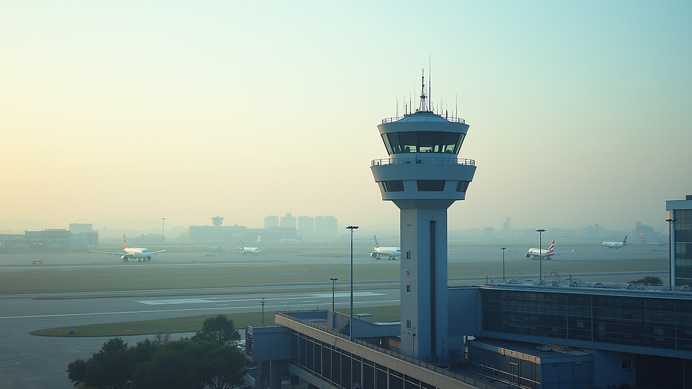 High angle view of air traffic control tower overlooking airport