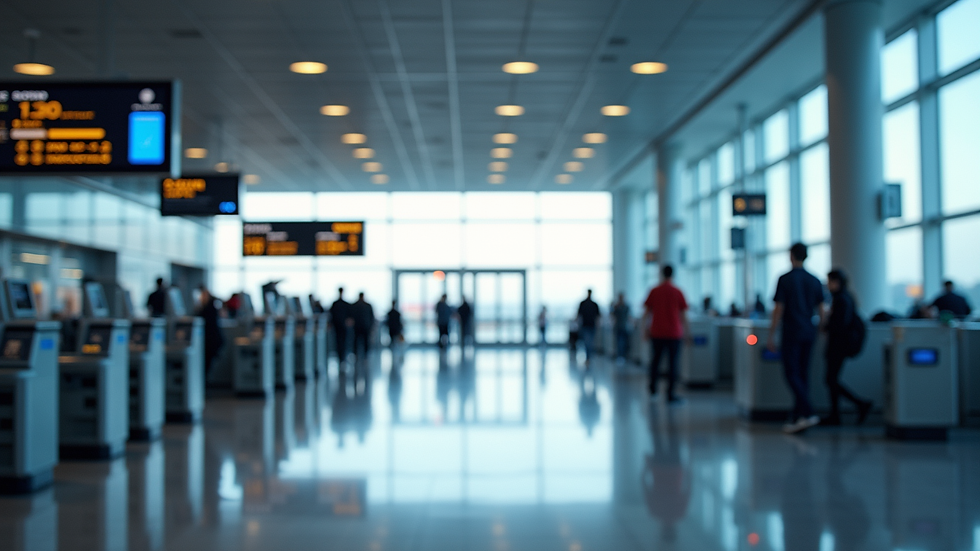 Eye-level view of a modern airport terminal with digital displays and automated check-in kiosks