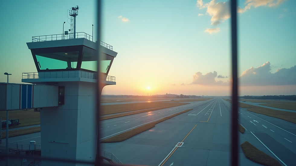Eye-level view of an airport control tower overseeing runway operations